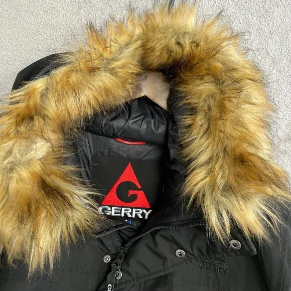Gerry Men's XXL Black Down Parka Faux Fur Hood Button Zip up JCK0210